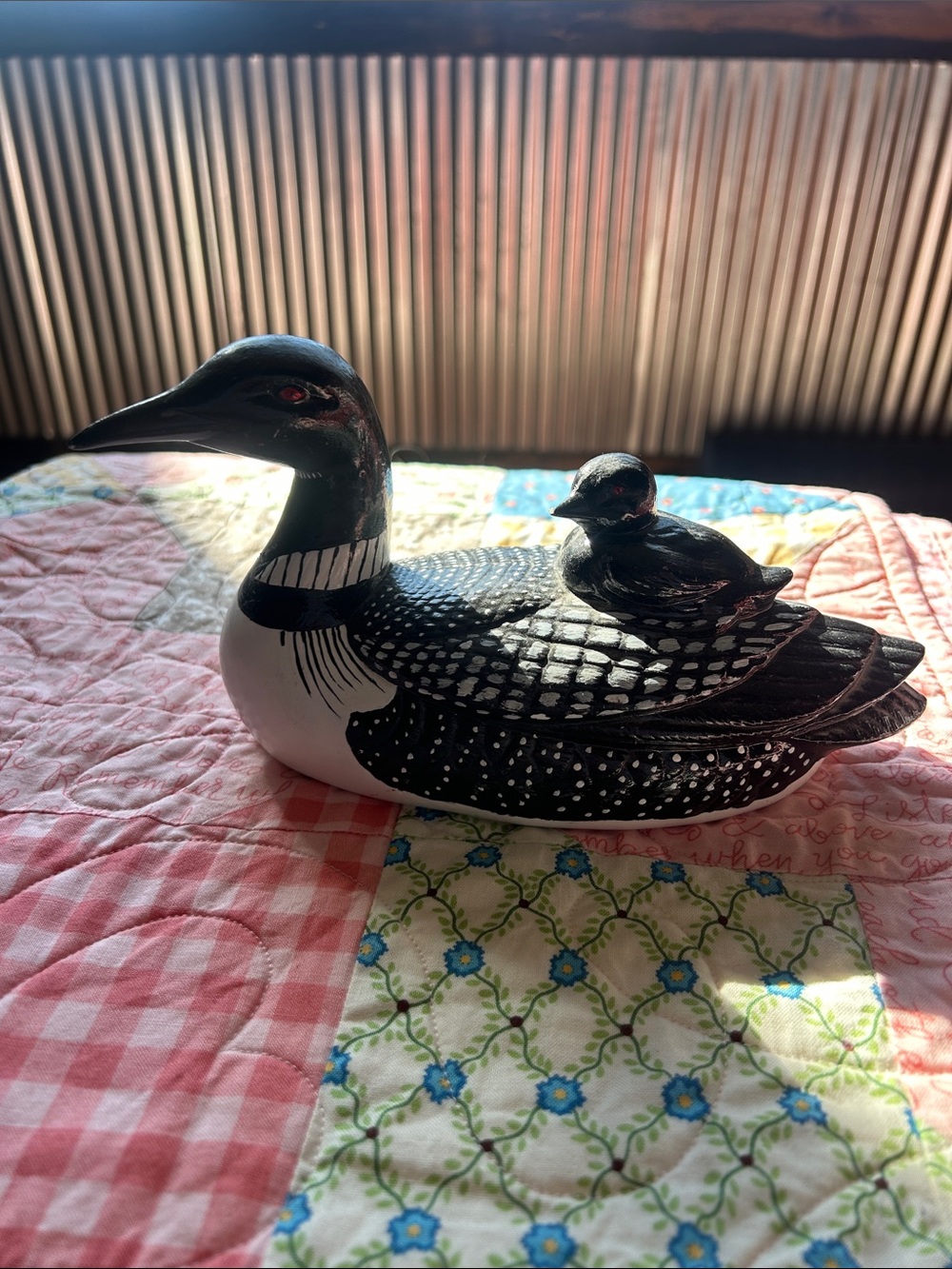 Hand-Painted Loon Figurine with Baby - Black & White